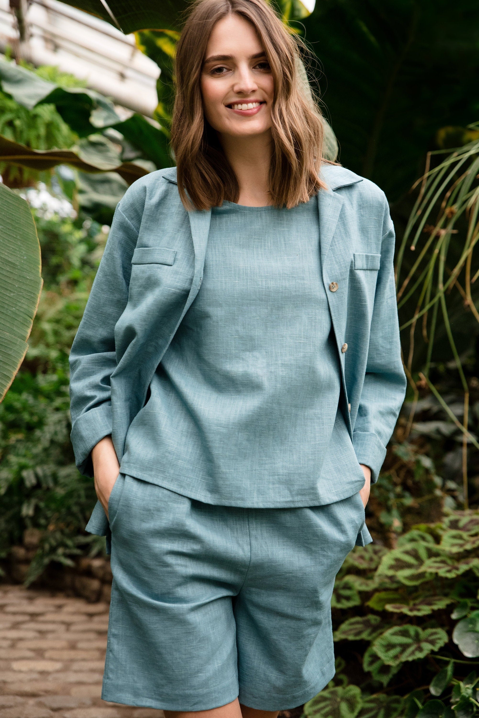 pantalones cortos de lino SIMPLICITY, verde azulado, XS